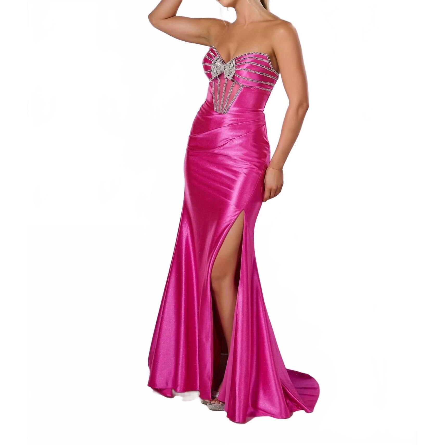 New Tiffany Designs Beaded Fitted Strapless Slit Gown In Hot Pink